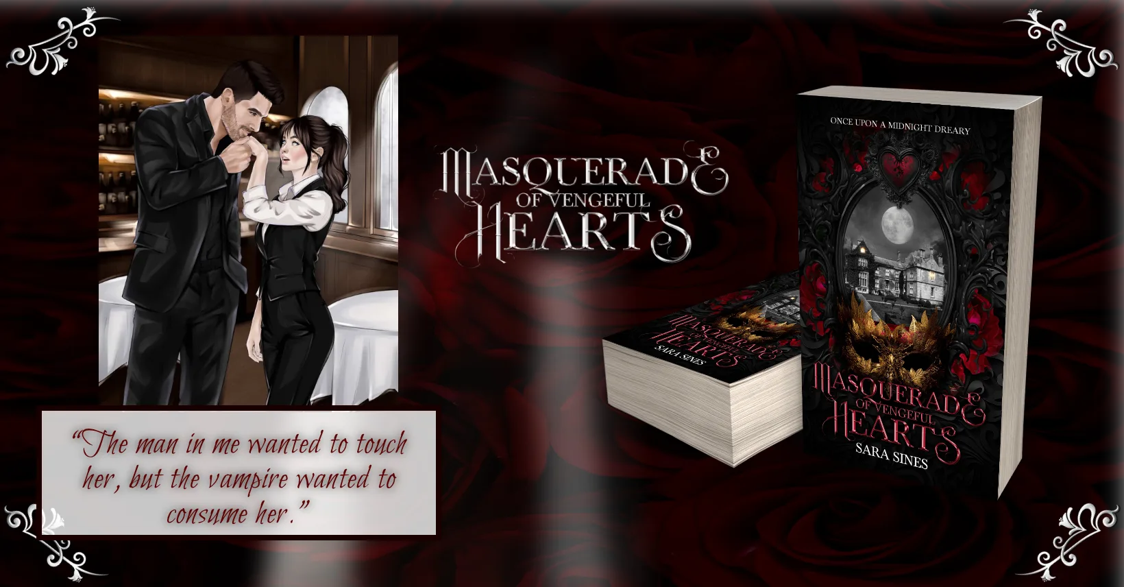 Image of characters and book, Masquerade of Vengeful Hearts